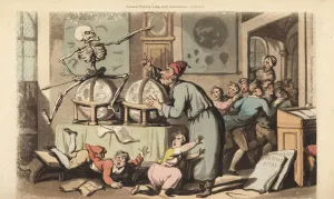 The skeleton of Death with his dart comes for a schoolmaster as he teaches astronomy to a class of children who flee in The skeleton of Death with his dart comes for a schoolmaster as he teaches astronomy to a class of children who flee in