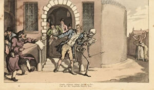 The skeleton of Death frees a prisoner from debtor's gaol in front of his distraught family