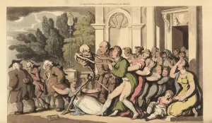 The skeleton of Death grabs a father by the collar, as his wife and children desperately try to save him The skeleton of Death grabs a father by the collar, as his wife and children desperately try to save him