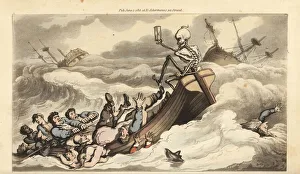 The skeleton of Death holds the rudder on a rowboat escaping a shipwreck, as its desparate crew row for the shore The skeleton of Death holds the rudder on a rowboat escaping a shipwreck, as its desparate crew row for the shore