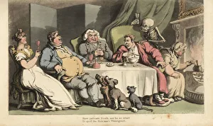 The skeleton of Death with hourglass comes for the sick man as he eats gruel at the dining table with his drinking The skeleton of Death with hourglass comes for the sick man as he eats gruel at the dining table with his drinking