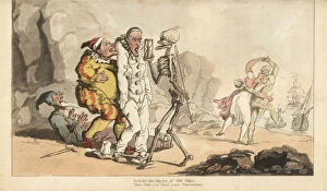 The skeleton of Death with hourglass and dart comes for a Pierrot and other clowns
