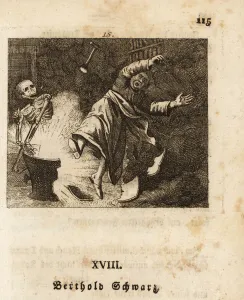 The skeleton of Death kills an alchemist with an explosion. 1803 (engraving) The skeleton of Death kills an alchemist with an explosion. 1803 (engraving)