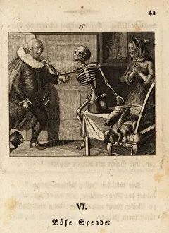 The skeleton of Death lays his bony hand on a judge. 18th centu, 1803 (engraving) The skeleton of Death lays his bony hand on a judge. 18th centu, 1803 (engraving)
