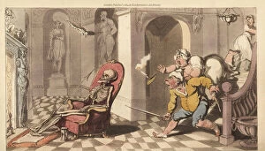 The skeleton of Death sits in the porter's chair of a great house, as the terrified servants come down the stairs