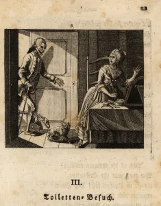 The skeleton of Death visits a woman in her boudoir. 1803 (engraving) The skeleton of Death visits a woman in her boudoir. 1803 (engraving)