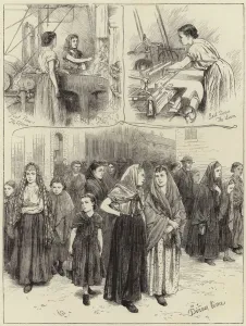 Sketches at a Manchester cotton factory (engraving) Sketches at a Manchester cotton factory (engraving)