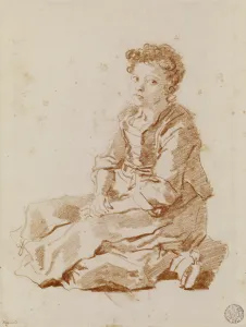 Small girl sitting on the ground (red chalk on paper) Small girl sitting on the ground (red chalk on paper)