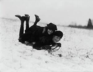 Sleigh Gallery: Two Smiling Girls on Snow Sled, Washington DC, USA, c.1920 (b/w photo)
