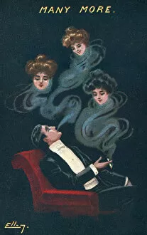 Smoking man dreaming of three girls (colour litho)