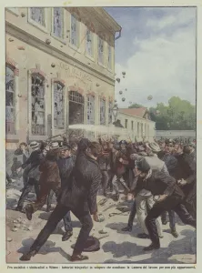 Between Socialists and Trade Unionists in Milan, Telegraph Bellboys on Strike Assault the House... (colour litho) Between Socialists and Trade Unionists in Milan, Telegraph Bellboys on Strike Assault the House... (colour litho)