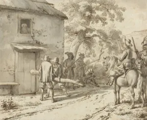 Soldiers force a door, 1669 (pen & ink drawing) Soldiers force a door, 1669 (pen & ink drawing)
