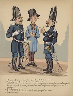 Two soldiers interrogating a suspected poacher (colour litho) Two soldiers interrogating a suspected poacher (colour litho)