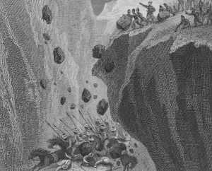The soldiers of Pelagius of Asturias rolling boulders down a mountain precipice onto a The soldiers of Pelagius of Asturias rolling boulders down a mountain precipice onto a