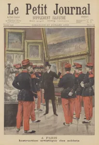 Soldiers receiving an art appreciation lesson in Paris (colour litho) Soldiers receiving an art appreciation lesson in Paris (colour litho)