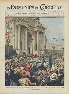 Solemn ceremony in front of the Arch of Peace in Milan for the delivery of the insignia of value to... (colour litho)