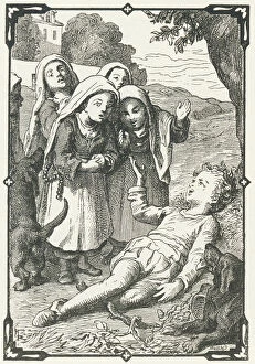 Wounded Limb Gallery: At the sound of Guilleri's fall, the ladies of the Hospital run up (verse 5), 1880 (engraving)