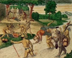 South American Indians drowning Spaniards to see if they are immortal (engraving) South American Indians drowning Spaniards to see if they are immortal (engraving)
