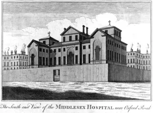 The South East View of the Middlesex Hospital, 1745 (engraving) The South East View of the Middlesex Hospital, 1745 (engraving)