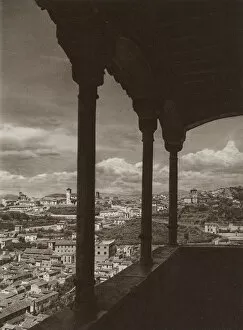 Albaicin Gallery: Spain: Granada, Alhambra, View of the Albaicin from the Queens Boudoir (b / w photo)