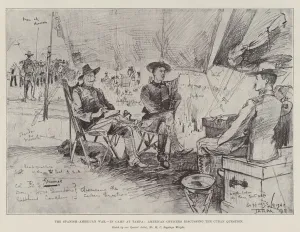The Spanish-American War, in Camp at Tampa, American Officers discussing the Cuban Question (litho) The Spanish-American War, in Camp at Tampa, American Officers discussing the Cuban Question (litho)
