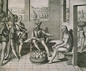 Spanish conquerors meeting native women in america, by Theodore de Bry, 1590, engraving Spanish conquerors meeting native women in america, by Theodore de Bry, 1590, engraving