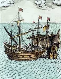 A Spanish Treasure Ship Plundered by Francis Drake (c.1540-96) in the Pacific (engraving) A Spanish Treasure Ship Plundered by Francis Drake (c.1540-96) in the Pacific (engraving)