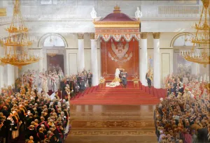 3507653 Speech from the throne by Emperor Nicholas II on the occasion of the opening of the First State Duma, 1906 (painting) by Polyakov, V (fl.1906); (add.info.: Painting by the Russian artist, V. Polyakov, showing the speech from the throne by Emperor Nicholas II on the occasion of the opening of the First State Duma of the Russian Empire on 27 April, 1906, in St. Petersburg.); Universal History Archive Speech from the throne by Emperor Nicholas II on the occasion of the opening of the First State Duma, 1906 (painting)