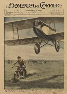 Airfields Gallery: A speed challenge between a small aircraft, a Tignola, and a powerful motorcycle (colour litho)