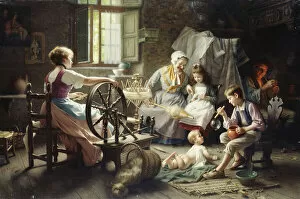 At the Spinning Wheel, (oil on canvas)