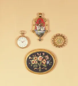 Split pearl fob watch (front and back); Victorian micro-mosaic brooch Split pearl fob watch (front and back); Victorian micro-mosaic brooch