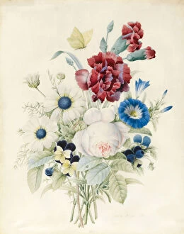 Images Dated 17th September 2012: A Spray of Flowers including a Rose, a Blue Convolvulus and Pansies