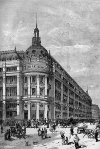 Spring department stores in Paris in 1883. The corner pavilion between rue de Provence Spring department stores in Paris in 1883. The corner pavilion between rue de Provence
