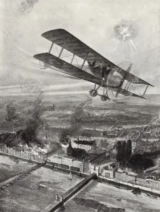 Squadron Leader Spenser Grey flying over Cologne, 8 October 1914 (litho) Squadron Leader Spenser Grey flying over Cologne, 8 October 1914 (litho)