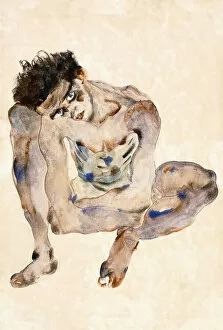 Austrian Artist Collection: Squatting (self-portrait), 1912 (watercolour and gouache over pencil on paper)
