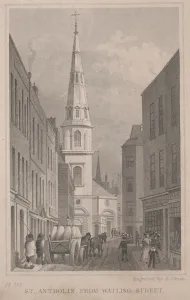 St. Antholin, from Watling Street, engraved by A. Cruse, c.1830 (engraving) St. Antholin, from Watling Street, engraved by A. Cruse, c.1830 (engraving)