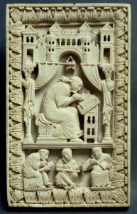 St. Gregory writing with scribes below, Franco-German School, c.850-875 (ivory) St. Gregory writing with scribes below, Franco-German School, c.850-875 (ivory)