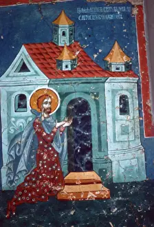 St. Nicetas praying in front of a church (fresco) St. Nicetas praying in front of a church (fresco)