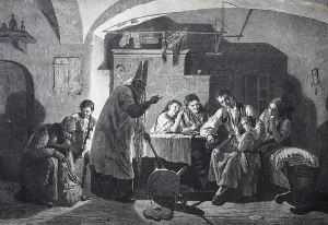 Santa Claus Gallery: St. Nicholas visits the family and asks the child if he is well and he can give him nuts, 1888