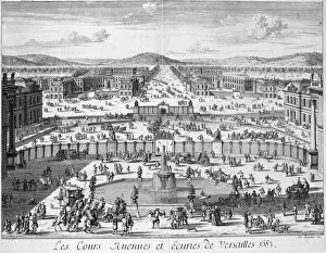 Palace and Park of Versailles Collection: The stables and gates of Versailles seen from the Palace, 1683 (engraving)
