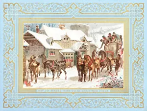 Stage Coach Gallery: Stagecoach and Horses outside Public House, Christmas Card (chromolitho)