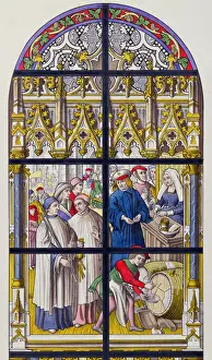Stained glass from Tournai Cathedral illustrating the taxes levied on beer Stained glass from Tournai Cathedral illustrating the taxes levied on beer