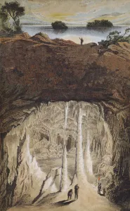 Stalactites and stalagmites in a cave (colour litho) Stalactites and stalagmites in a cave (colour litho)