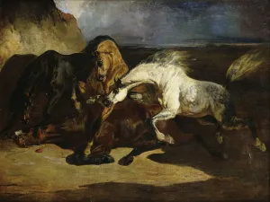 Stallions Fighting in a Stormy Landscape, (oil on canvas) Stallions Fighting in a Stormy Landscape, (oil on canvas)