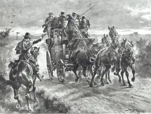 Stand and Deliver, highwayman holds up stagecoach in the early 19th century Stand and Deliver, highwayman holds up stagecoach in the early 19th century