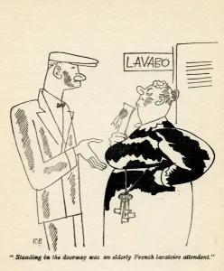 Standing in the doorway was an elderly French lavatoire attendent Standing in the doorway was an elderly French lavatoire attendent