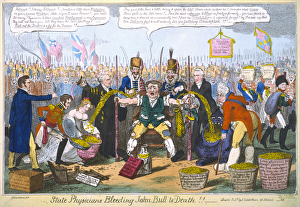 State Physicians Bleeding John Bull to Death!!, 1816 (hand-coloured engraving) State Physicians Bleeding John Bull to Death!!, 1816 (hand-coloured engraving)
