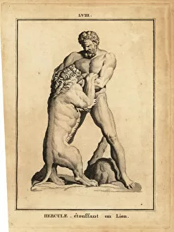 Roman God Gallery: Statue of Hercules, Roman hero and god, stifling a lion