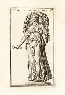 Statue of Roman moon goddess Luna holding a torch. 1779 (engraving) Statue of Roman moon goddess Luna holding a torch. 1779 (engraving)