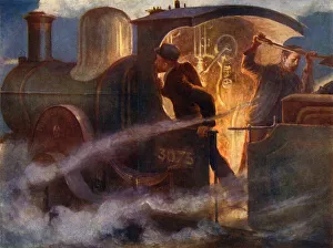 Chauffeuress Gallery: Steam engine at night (colour litho)
